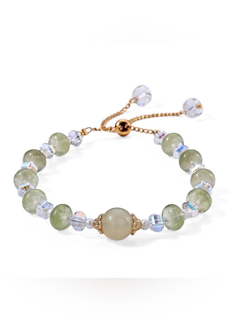 Elegant Green Beaded Adjustable Bracelet with Goldtone Accents